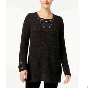 Style & Co Lace-Up Grommet V-Neck Long Sleeve Tunic Sweater Charcoal Gray XS/PP